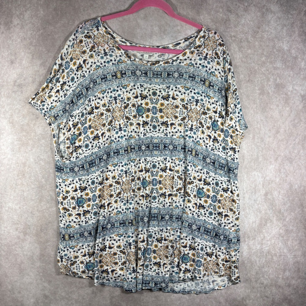 Lucky Brand Top Women 3X Multicolor Floral Boho Short Sleeve Casual Lightweight